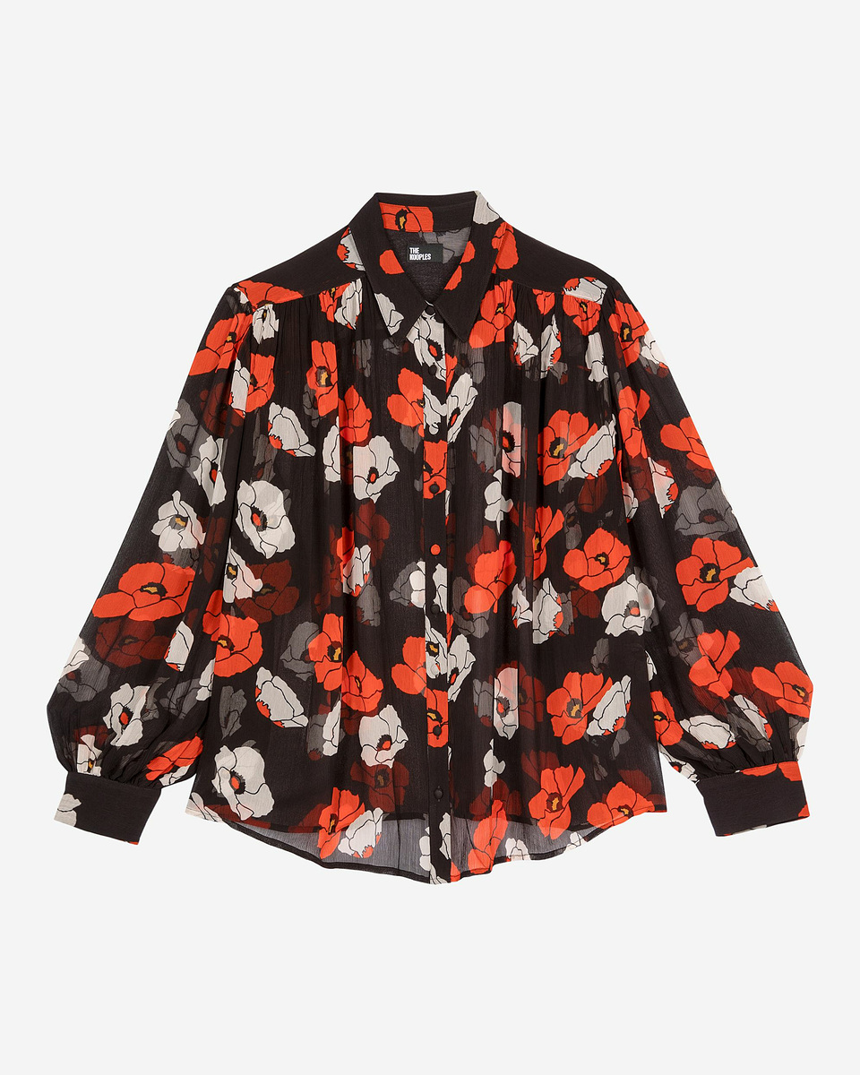 Loose-fitting black floral print shirt