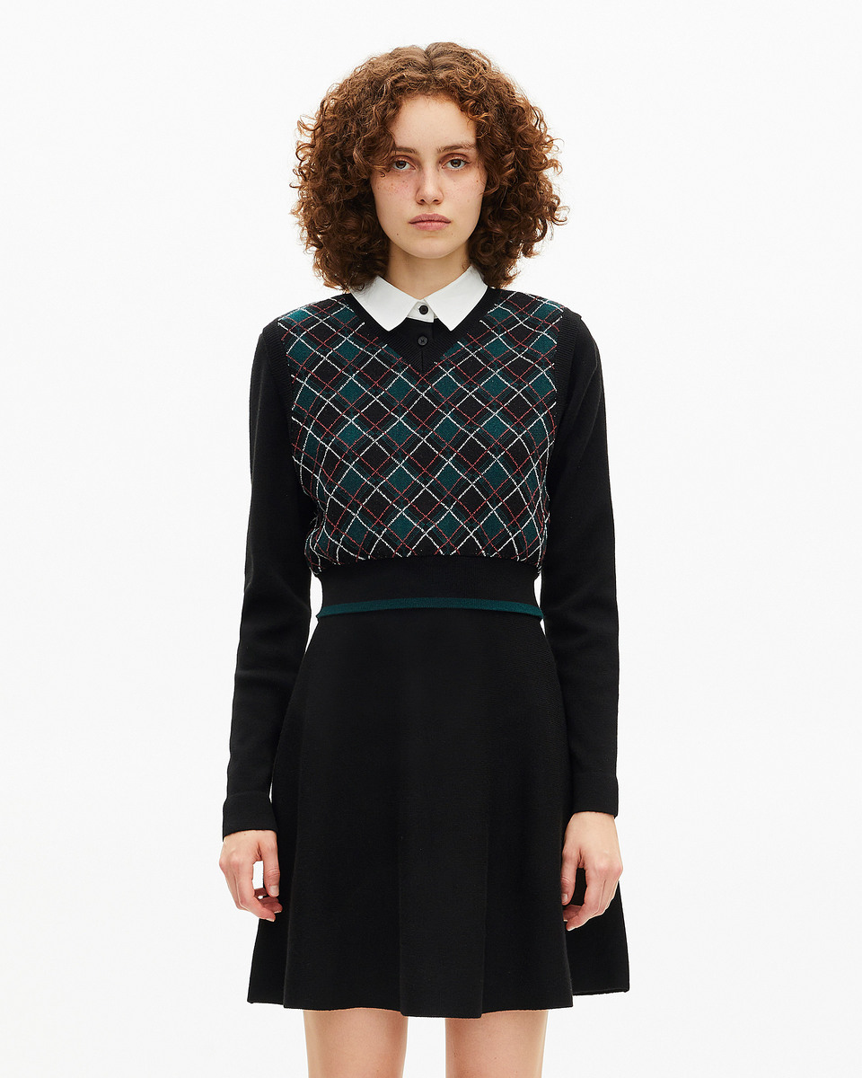 Green check knit short dress