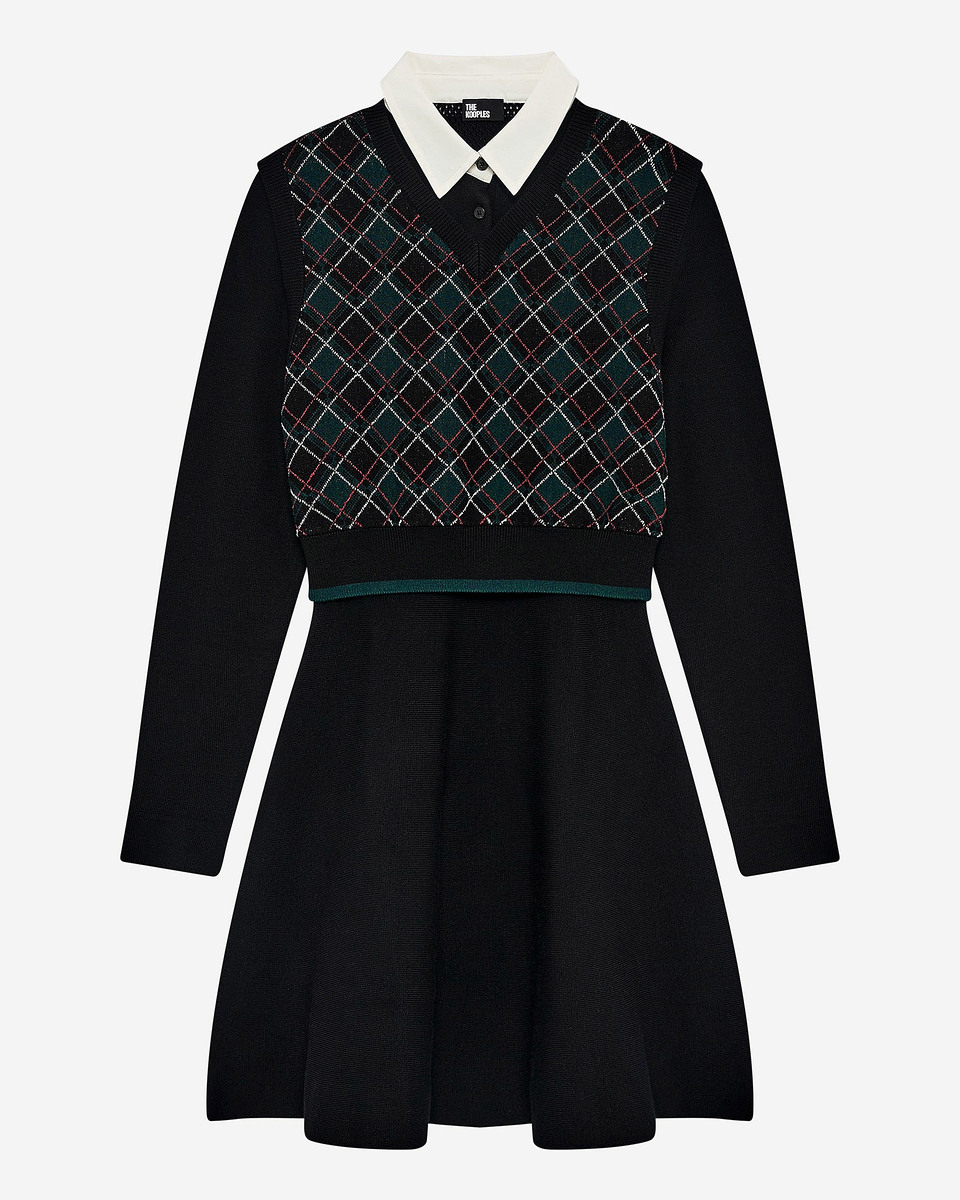 Green check knit short dress