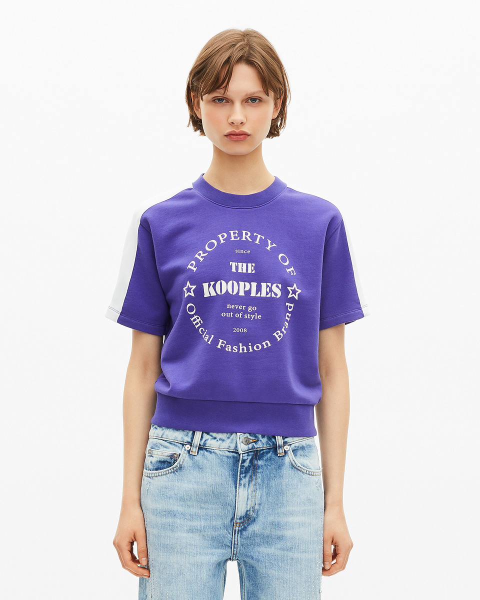 Short-sleeved sweatshirt with purple screen print