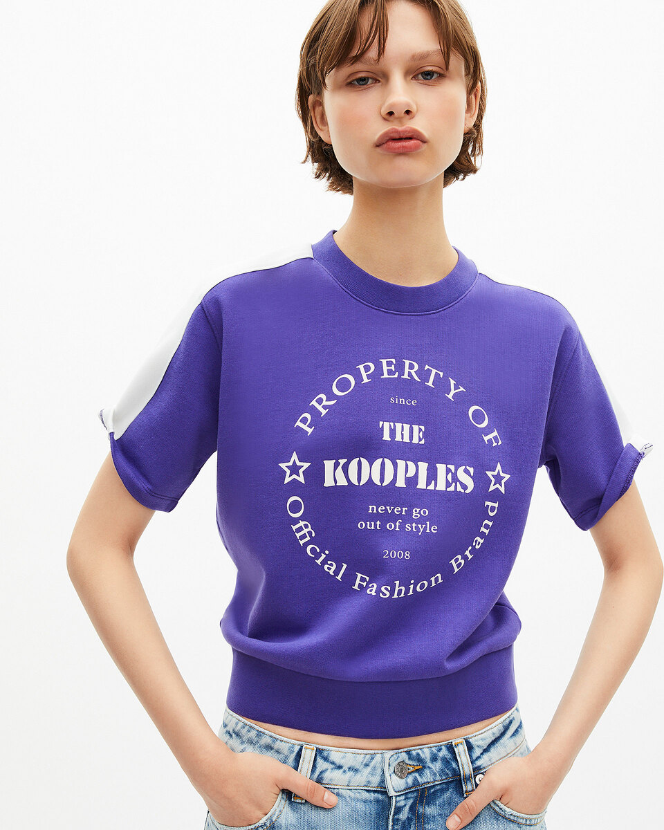 Short-sleeved sweatshirt with purple screen print