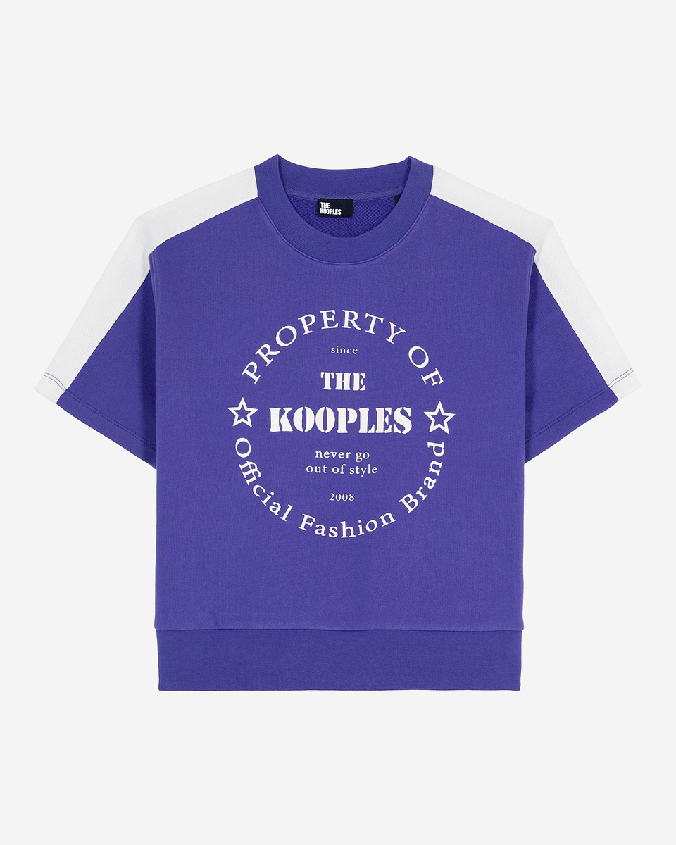 Short-sleeved sweatshirt with purple screen print