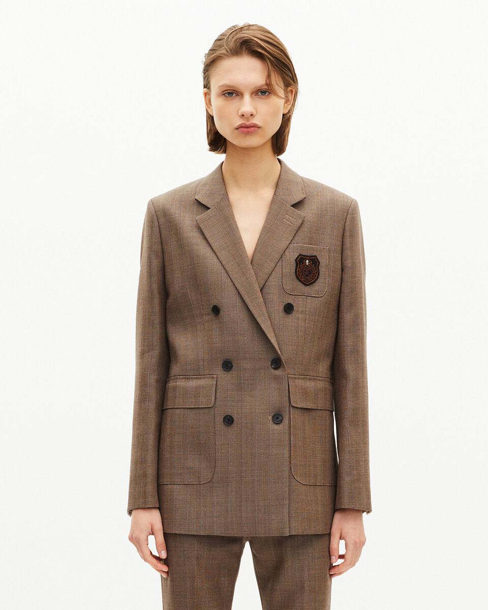 Double-breasted wool suit jacket with camel coat of arms