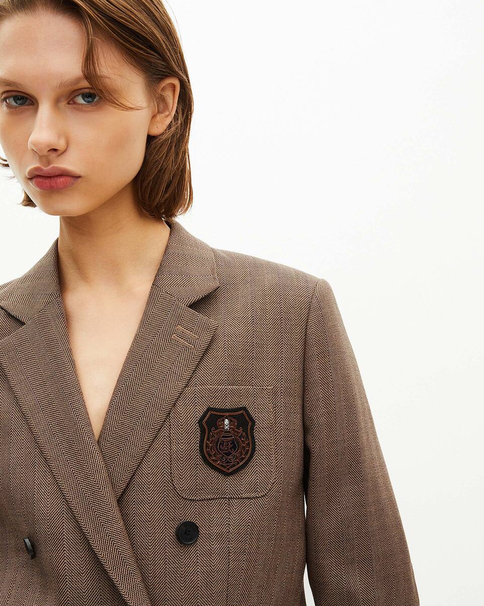 Double-breasted wool suit jacket with camel coat of arms