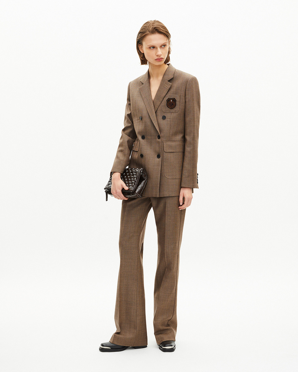 Double-breasted wool suit jacket with camel coat of arms