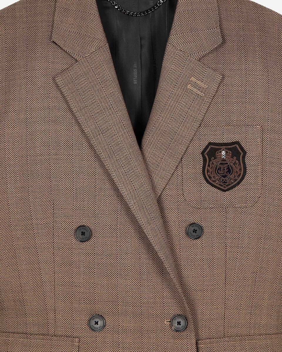 Double-breasted wool suit jacket with camel coat of arms