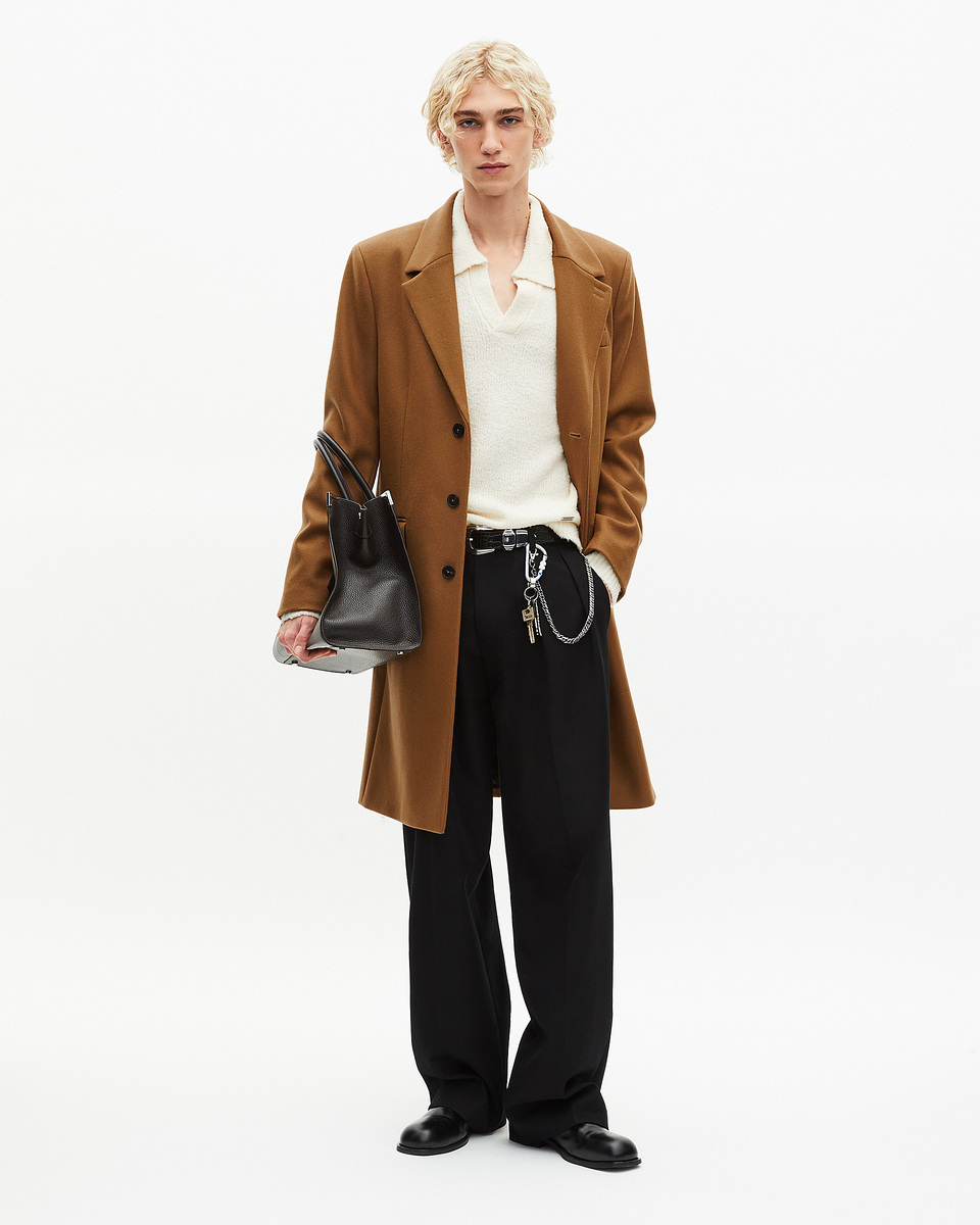 Wool coat with camel leather lapel collar