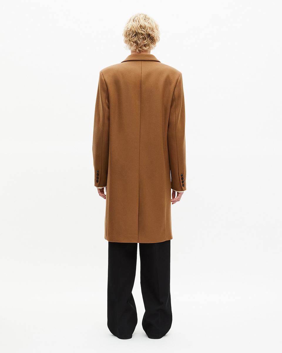 Wool coat with camel leather lapel collar