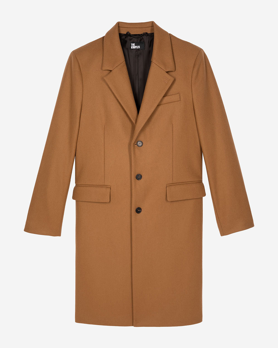 Wool coat with camel leather lapel collar