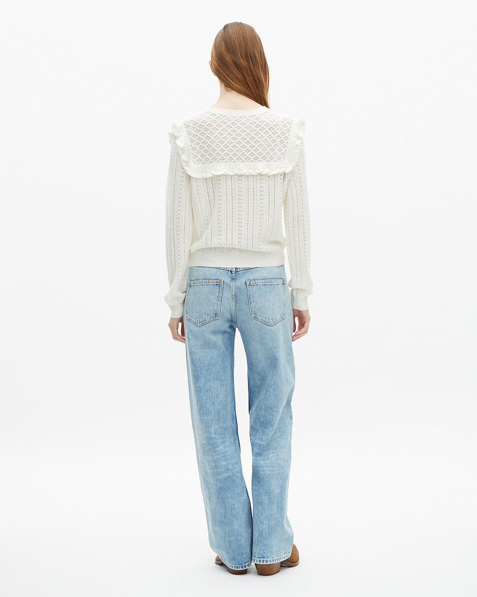 Cardigan with ruffles in ecru merino wool