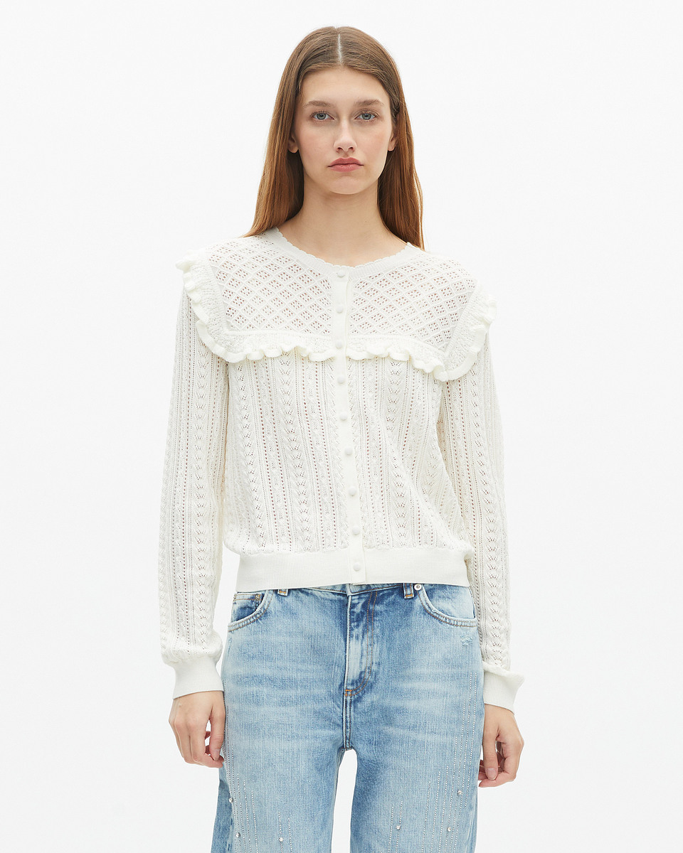 Cardigan with ruffles in ecru merino wool