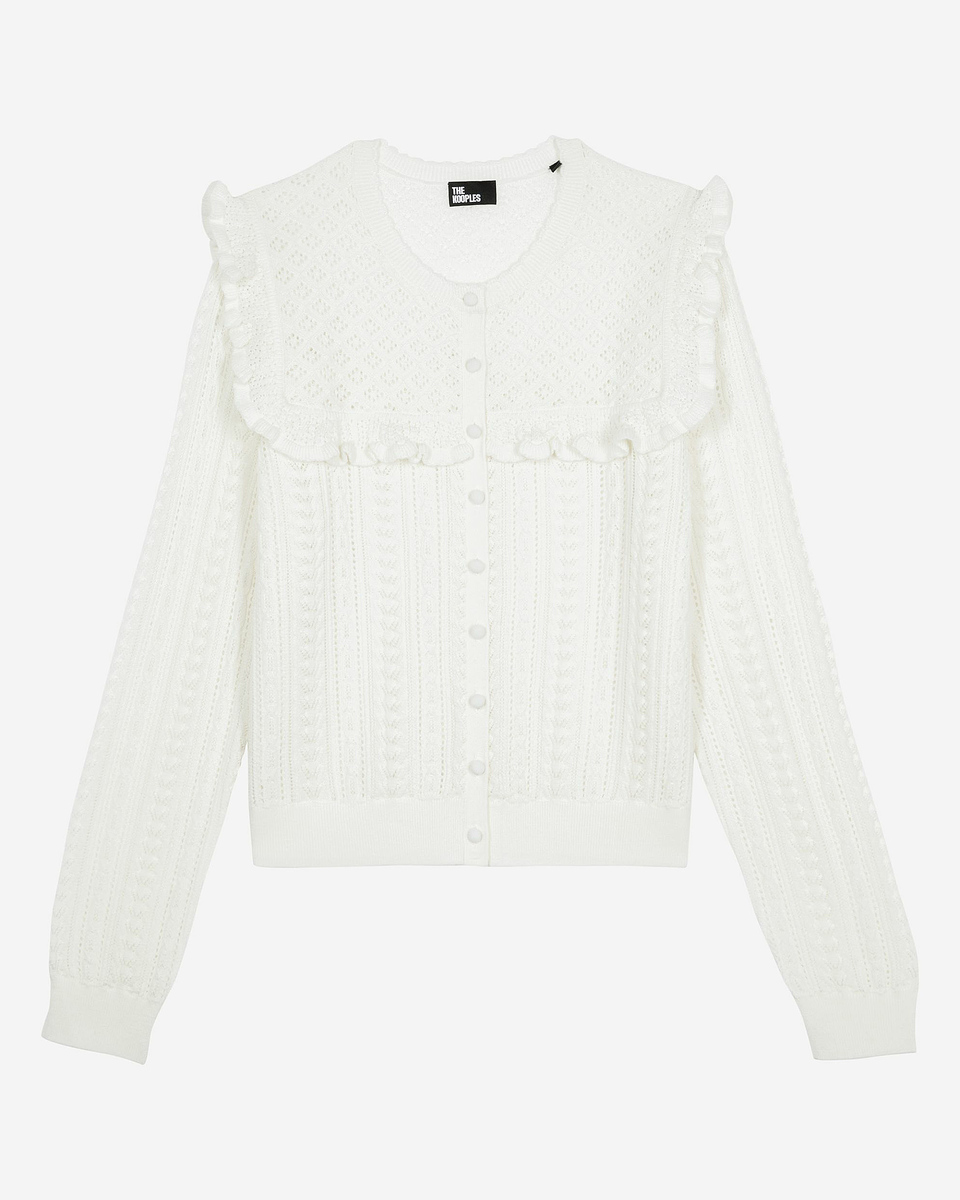 Cardigan with ruffles in ecru merino wool