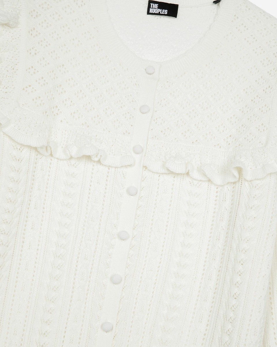 Cardigan with ruffles in ecru merino wool