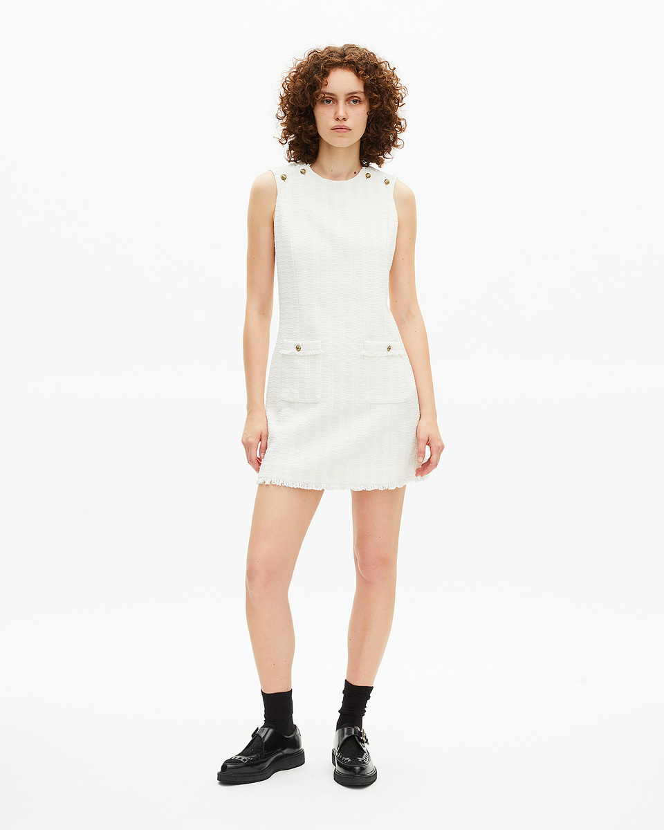 Short sleeveless dress in ecru tweed