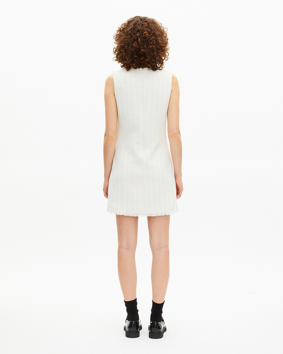 Short sleeveless dress in ecru tweed