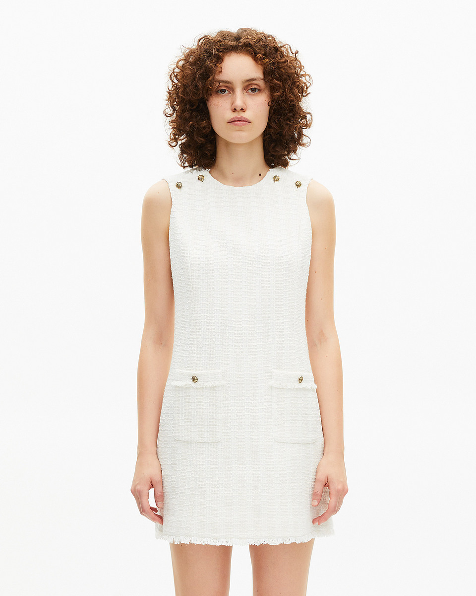 Short sleeveless dress in ecru tweed
