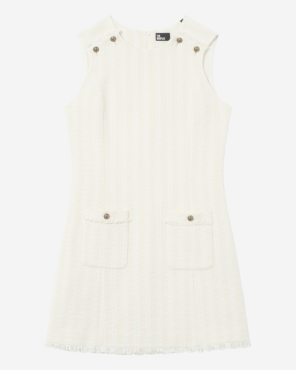 Short sleeveless dress in ecru tweed