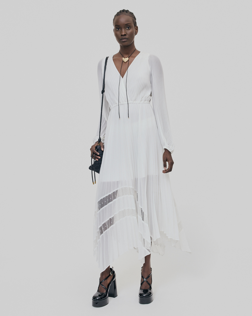 Ecru plumetis long pleated dress