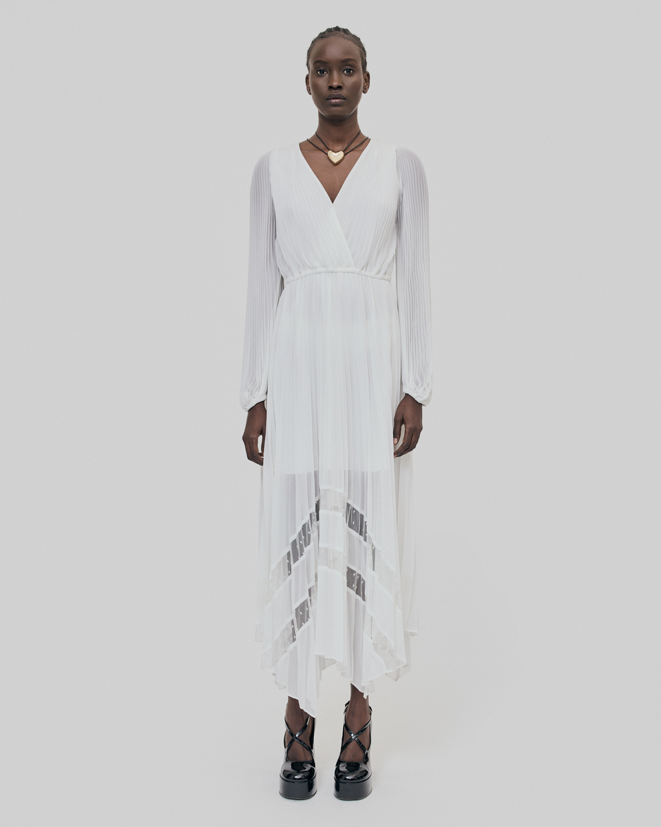 Ecru plumetis long pleated dress