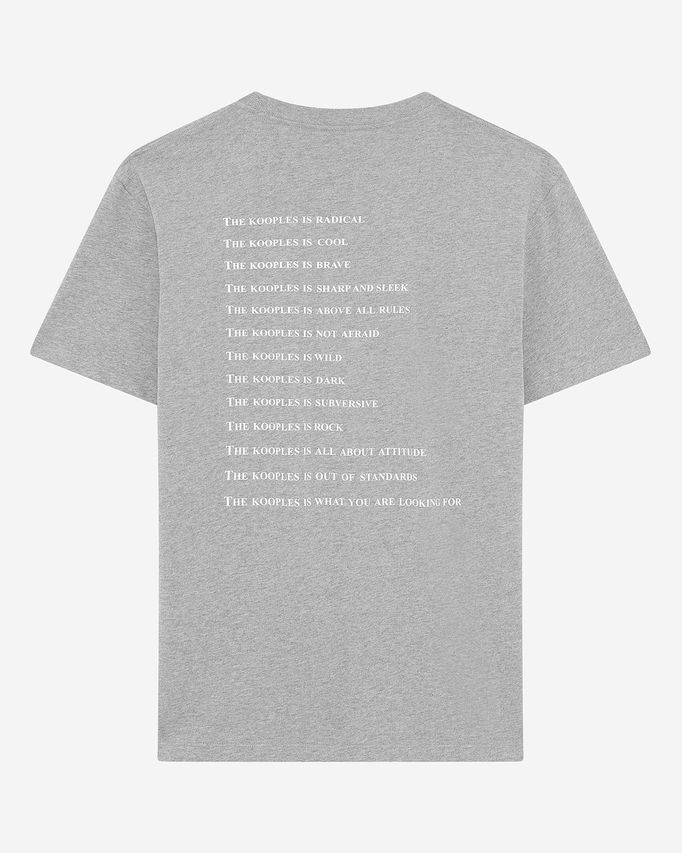 What is grey T-shirt