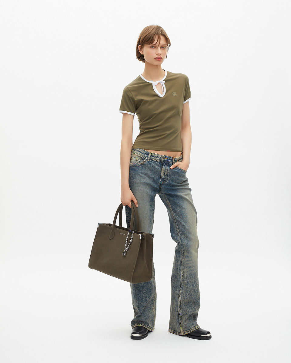 Khaki T-shirt with drop collar