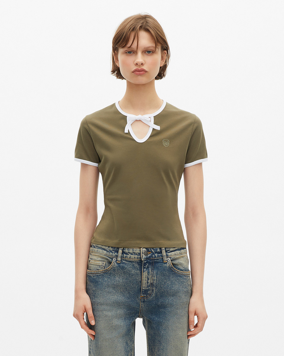 Khaki T-shirt with drop collar