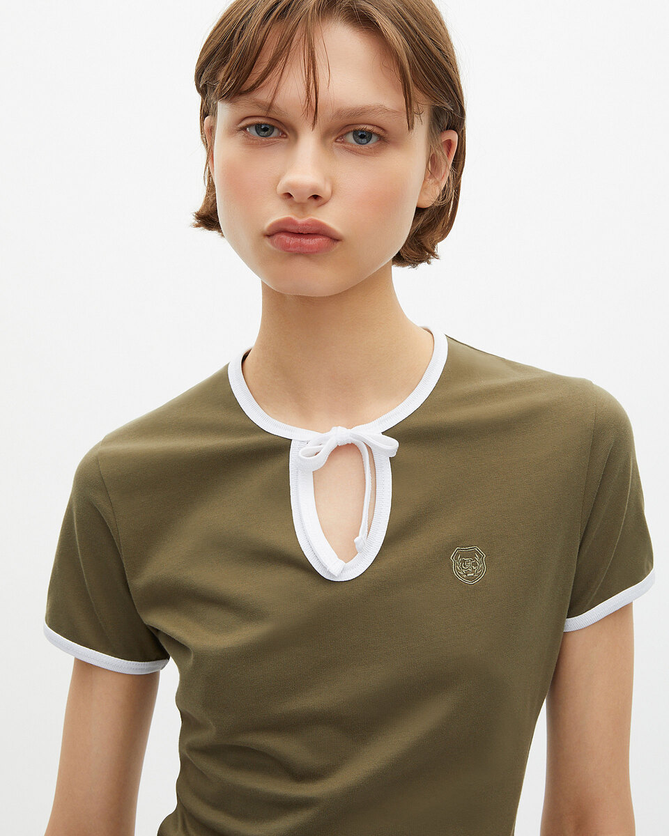 Khaki T-shirt with drop collar