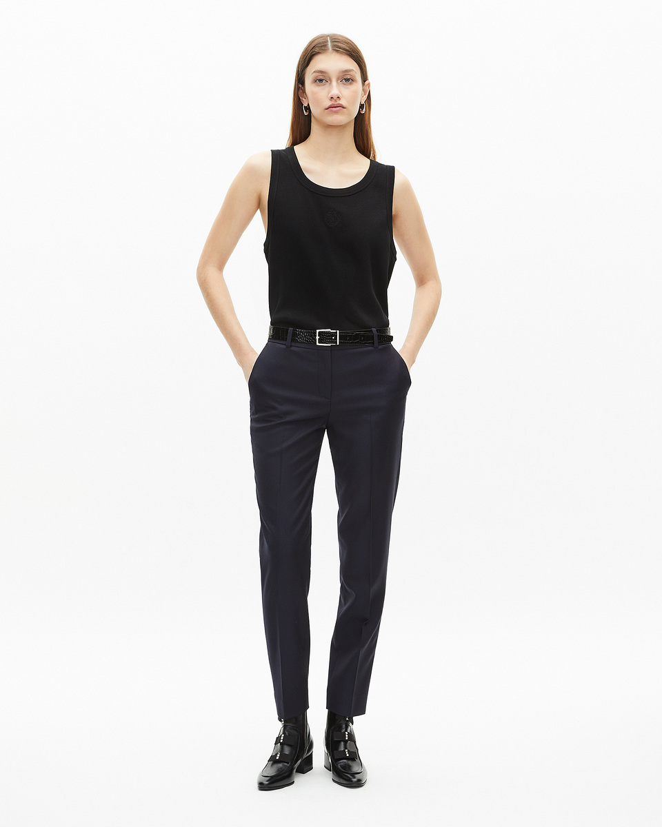 Navy blue slim-fit wool tailored trousers