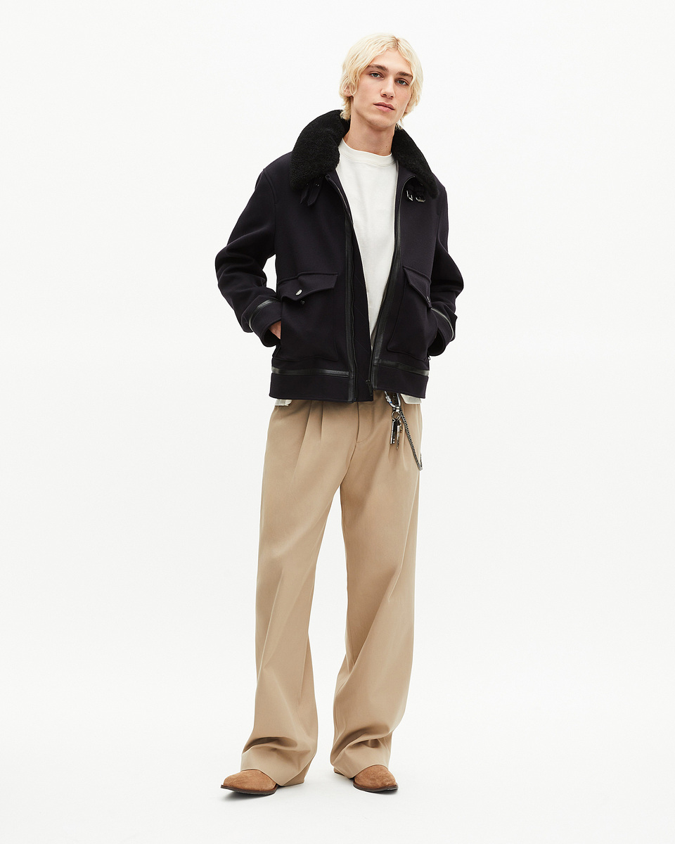 Navy wool jacket with sherpa collar