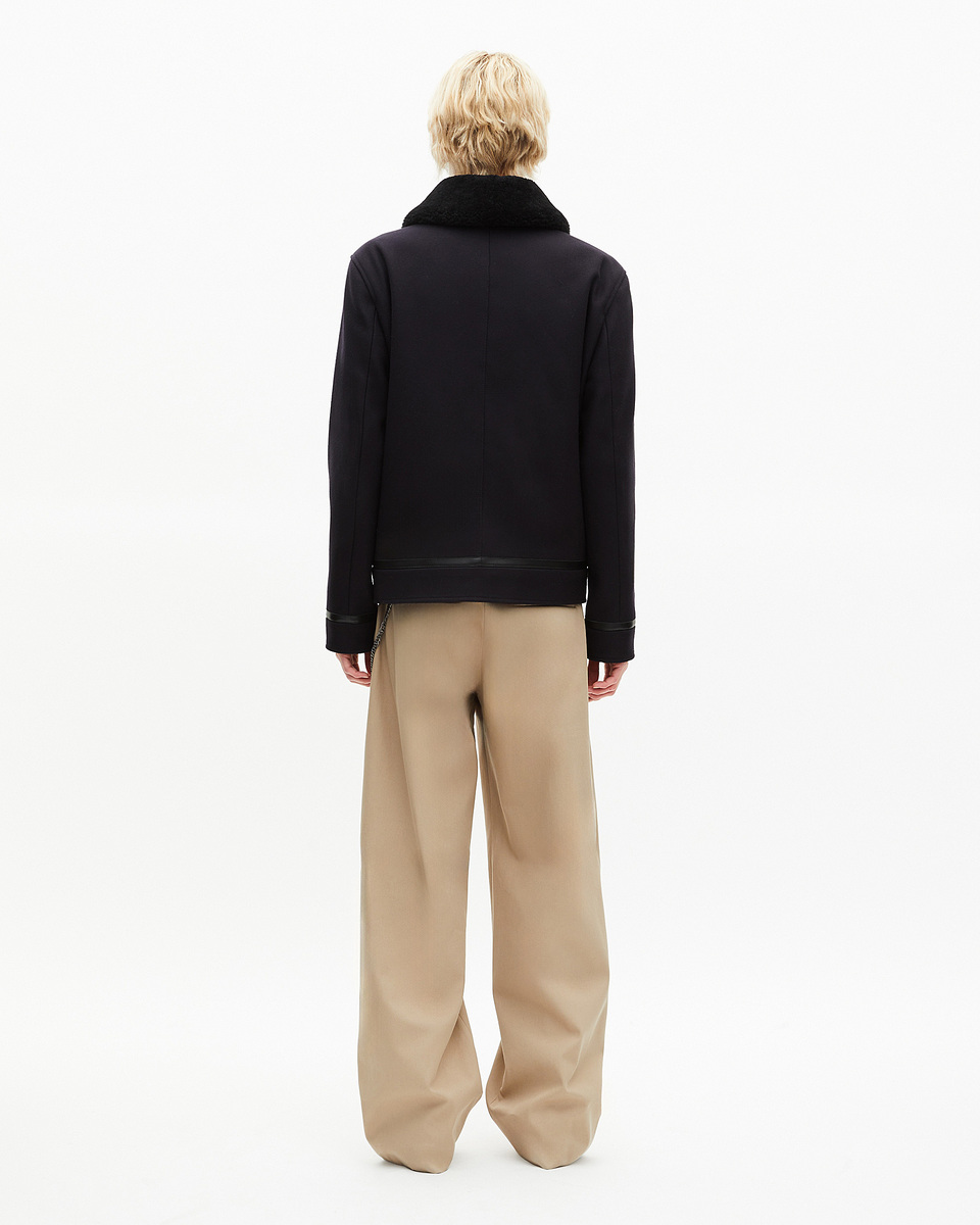 Navy wool jacket with sherpa collar