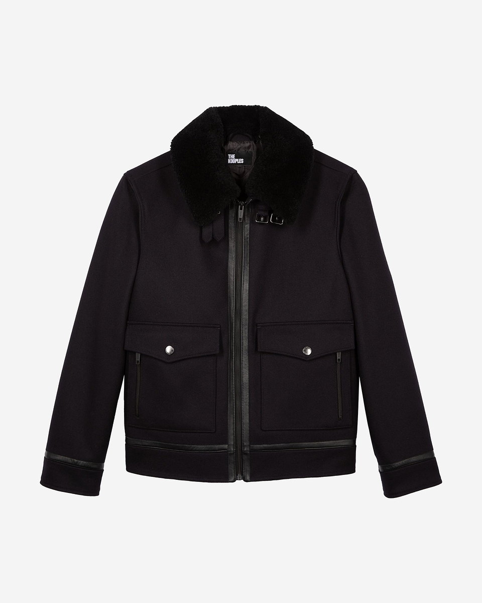 Navy wool jacket with sherpa collar