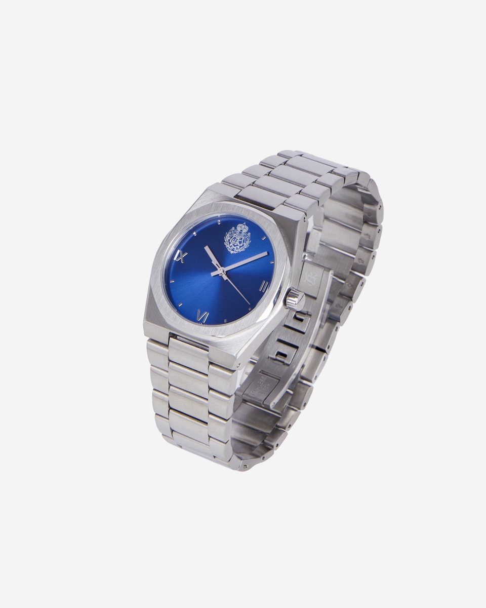 Watch with silver blazon blue dial