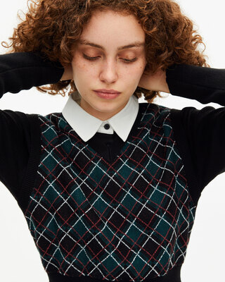 Green check knit short dress