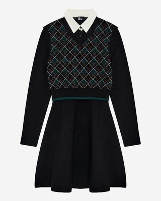 Green check knit short dress