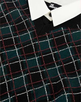 Green check knit short dress
