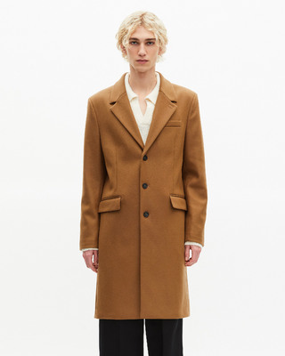 Wool coat with camel leather lapel collar
