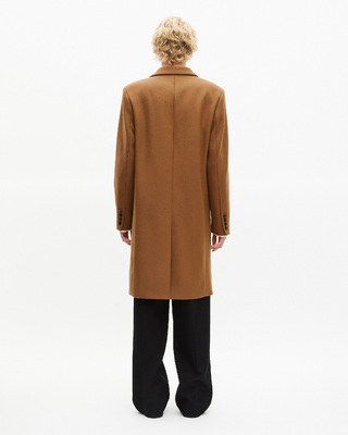 Wool coat with camel leather lapel collar