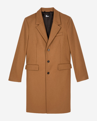 Wool coat with camel leather lapel collar