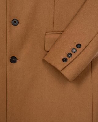 Wool coat with camel leather lapel collar