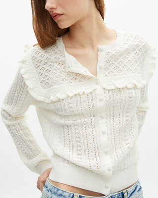 Cardigan with ruffles in ecru merino wool