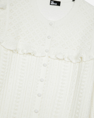 Cardigan with ruffles in ecru merino wool