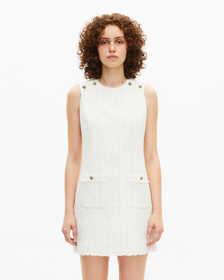 Short sleeveless dress in ecru tweed