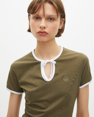 Khaki T-shirt with drop collar