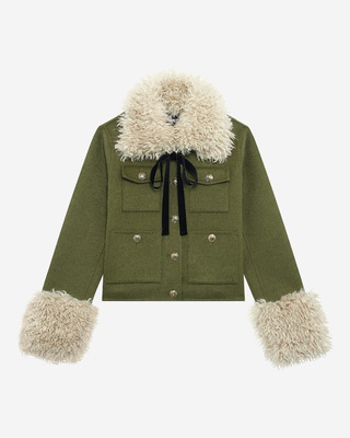 Short wool jacket with khaki sherpa collar