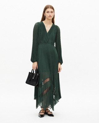 Green pleated long dress