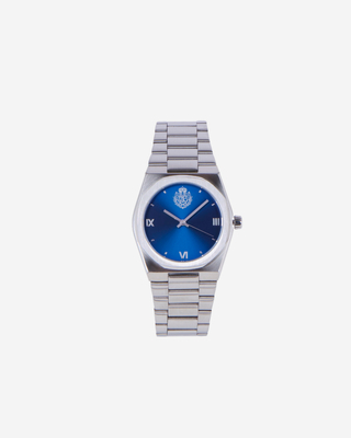 Watch with silver blazon blue dial