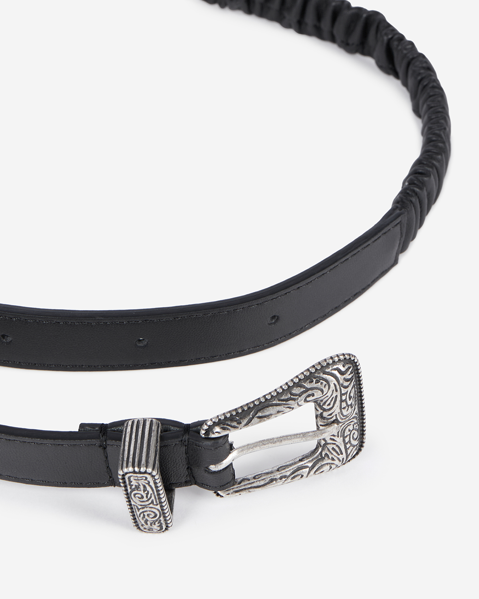 Black ruched leather thin belt