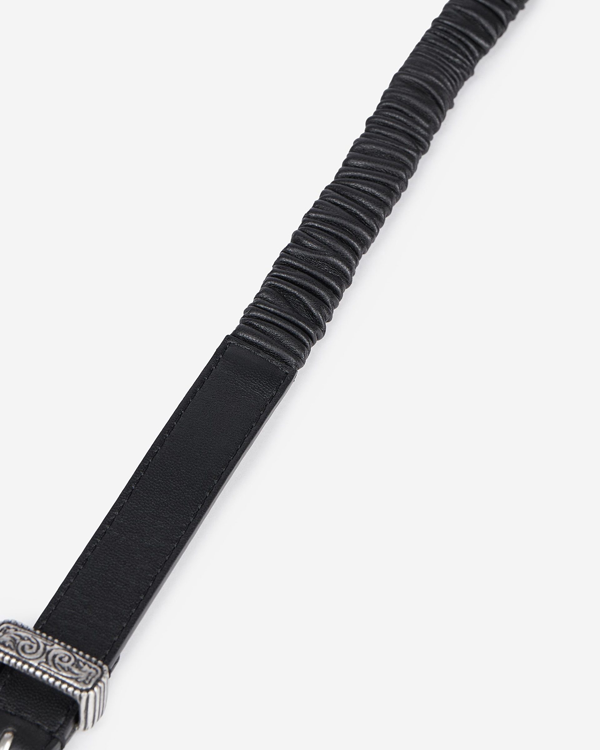 Black ruched leather thin belt