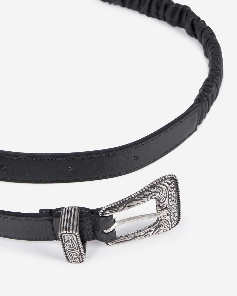 Black ruched leather thin belt