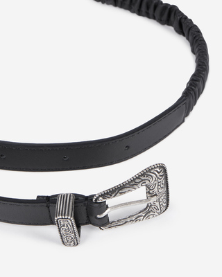 Black ruched leather thin belt